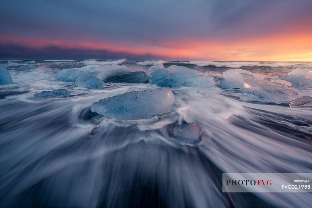 Glacial Ice on the Lava Beach of Jokulsarlon Lake at Vatnajkull Glacier, Iceland