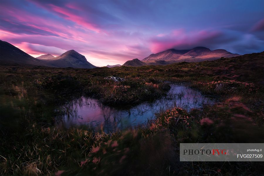 The Cuillins Hills at sunrise, view from Sligachan, Isle of Skye, Scotland, UK