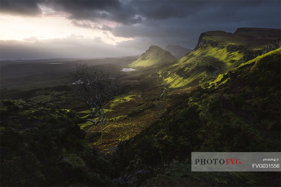 Quiraing on the Trotternish peninsula in the stormy sunrise, Isle of Skye, Scotland