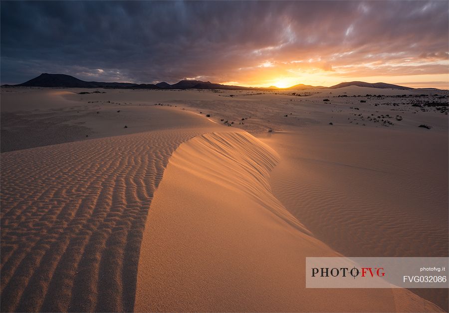 Fuerteventura landscape, desert sunset, Las Palmas, Canary Islands, Spain, Europe