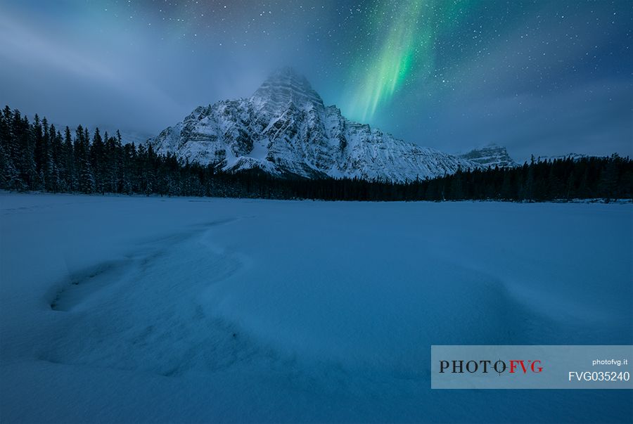 Northern Lights over Chephren mountain, Canadian Rockies landscape, Banff national park, Alberta, Canada