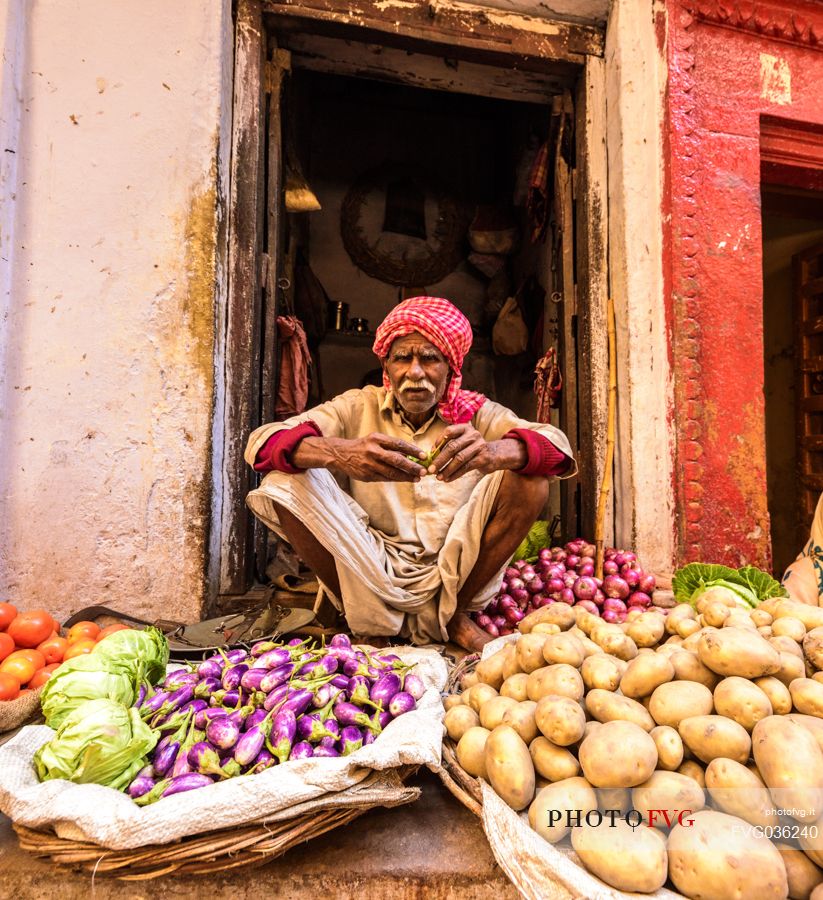 Old seller in the market of Varanasi, Uttar Pradesh, Inida