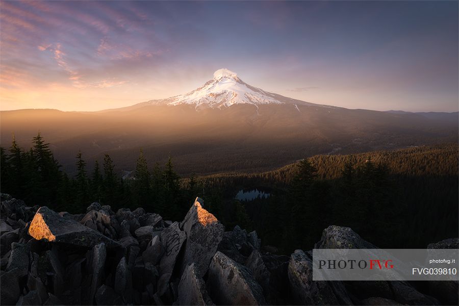 Mount Hood at sunset, near Government Camp, Mount Hood National Forest, Oregon, USA
