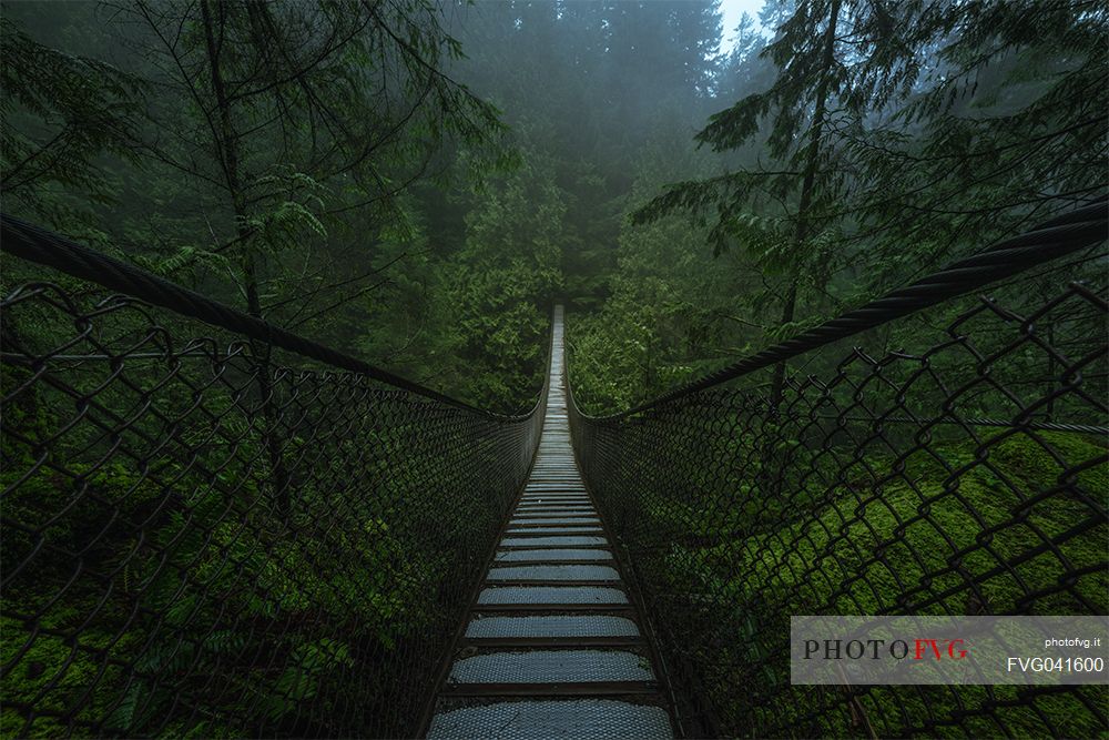 Old suspension bridge in the fog Vancouver, Canada.