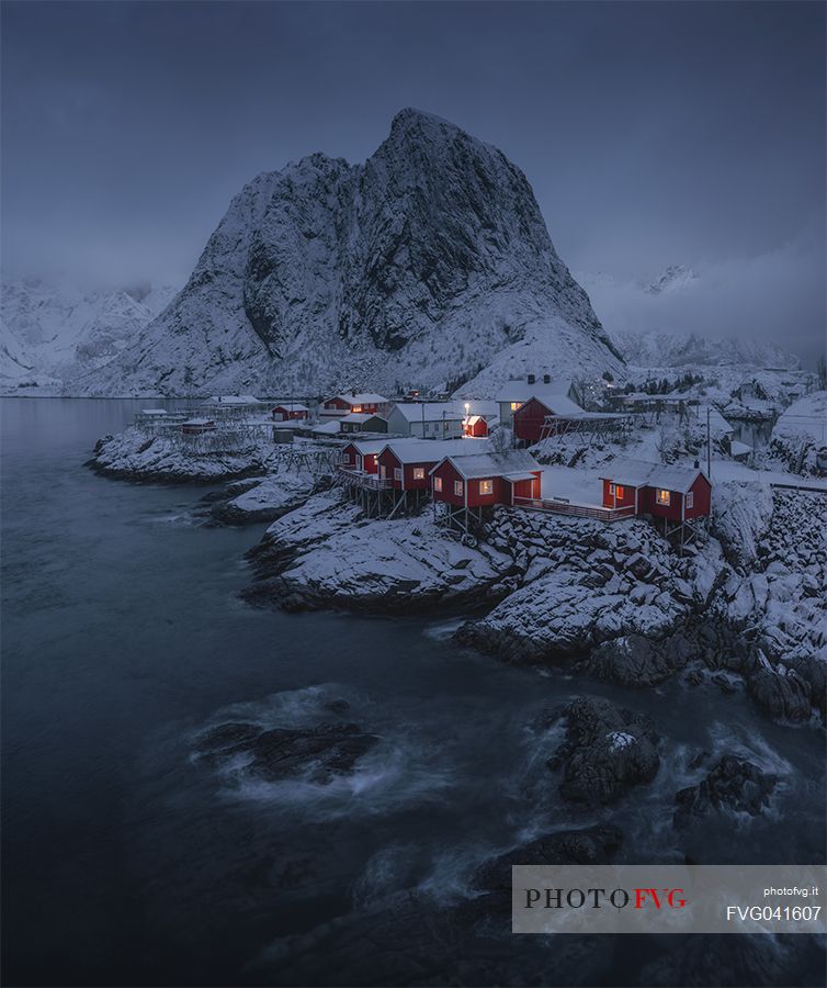 Winter landscape in Hamny village, near the fishing village of Reine, Moskenes Island, Lofoten Islands, Norway, Europe