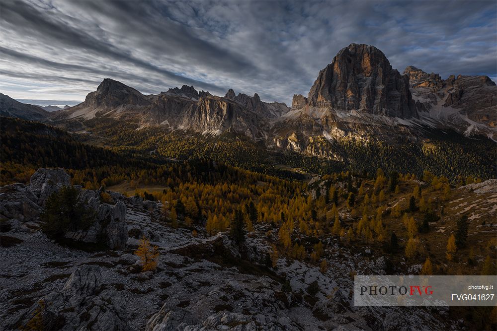 Autumnal sunset near Falzarego pass with Tofana and Lagazuoi peaks, Cortina d'Ampezzo, dolomites, Veneto, Italy, Europe