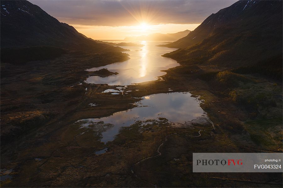 Sunrise in the fjord near Leknes, Vestvagoy, Nordland, Lofoten island, Europe