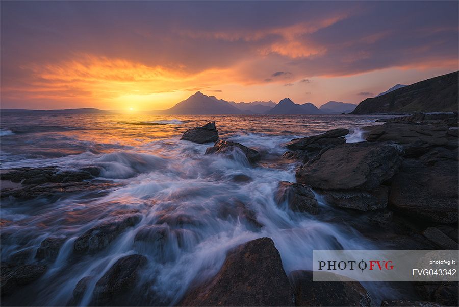 View from Elgol beach on Loch Scavaig towards the Cuillin Hills, Isle of Skye, Highland Region, Scotland, Great Britain, Europe