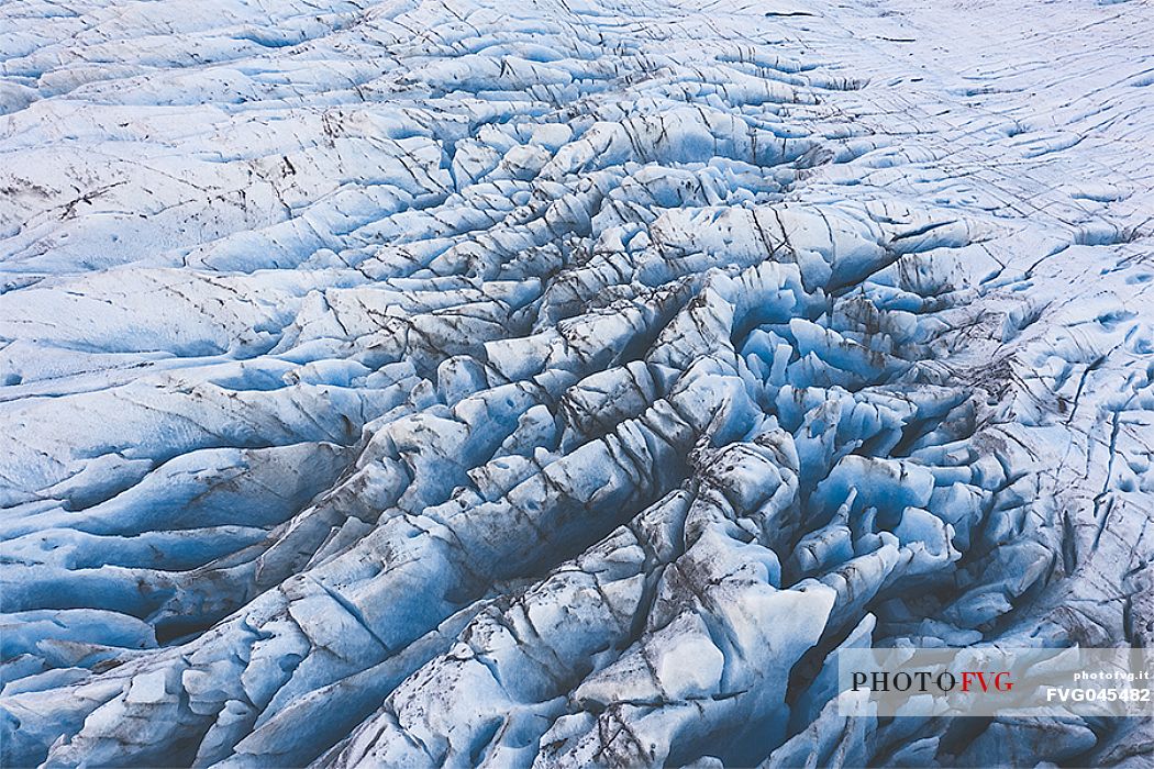 Aerial view of the crevasses in the Vatnajkull National Park, Iceland, Europe