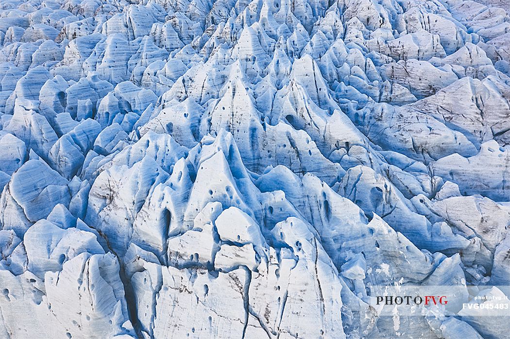 Aerial view of the crevasses in the Vatnajkull National Park, Iceland, Europe