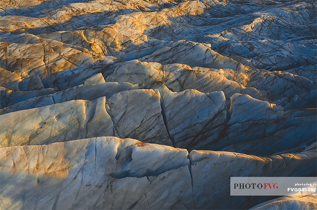 Aerial view of the crevasses in the Vatnajkull National Park, Iceland, Europe