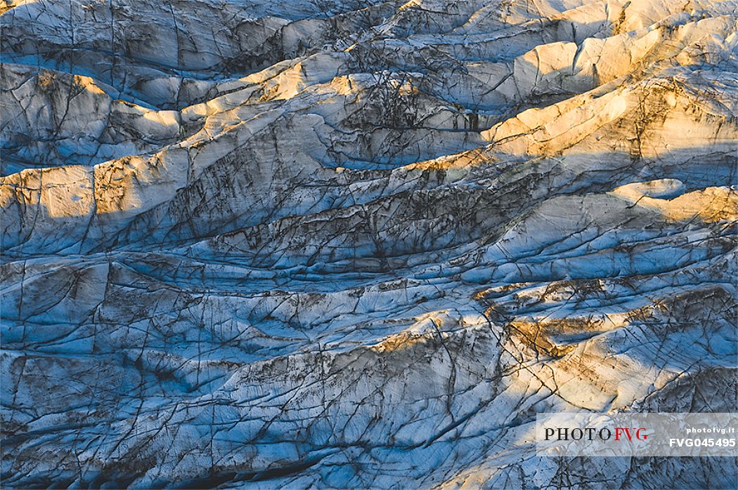 Aerial view of the crevasses in the Vatnajkull National Park, Iceland, Europe