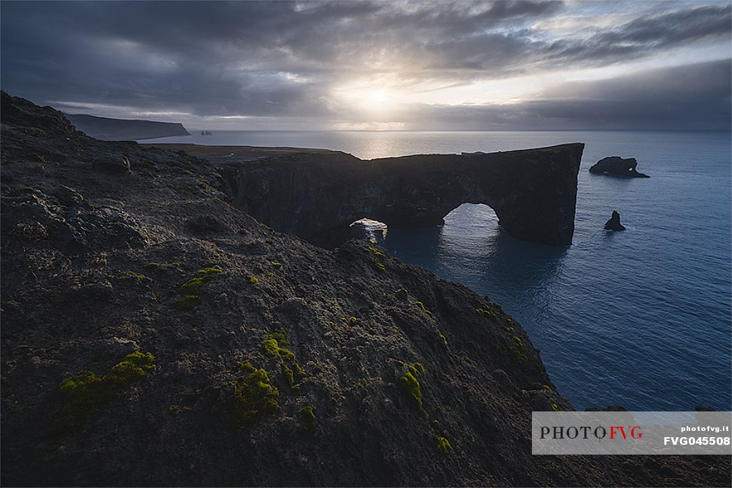 Aerial view rock arch on Cape Dyrhlaey near Vk  Mrdal, Mrdalur, Sudurland, Iceland