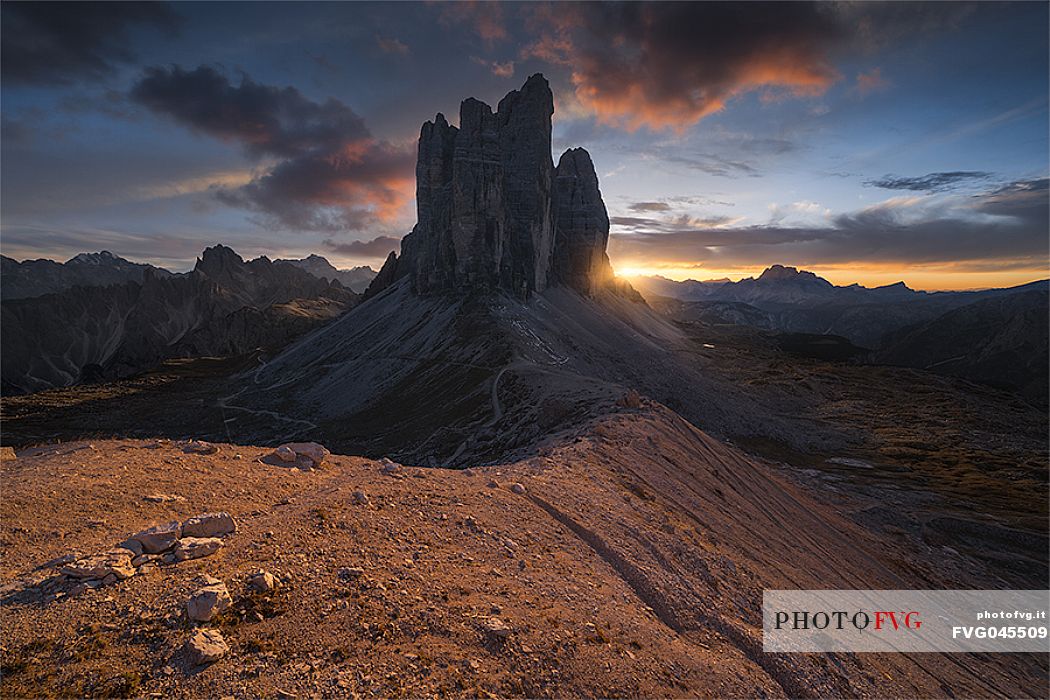 Sunset in the Tre Cime di Lavaredo, dolomites, Italy, Europe