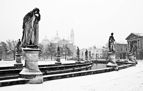 view of Prato della Valle Place under a winter snowfall