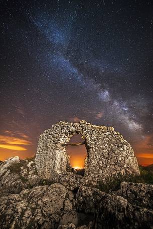 Milky way over Rocca Calascio, Gran Sasso and Monti della Laga national park