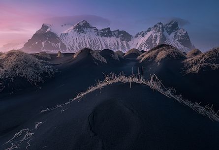 Sunset at Vestragorn mountain from volcanic coast, Stokksnes, Iceland