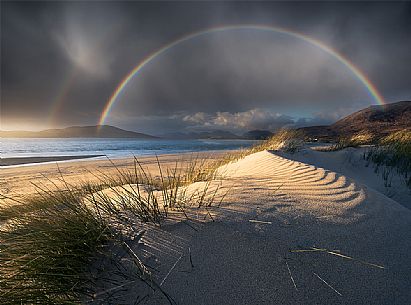 Iconic scottish landscape, Luskentyre beach whit rainbow, Harris isle, Scotland, Uk Iconic scottish landscape, Luskentyre beach whit rainbow, Harris isle, Scotland, Uk