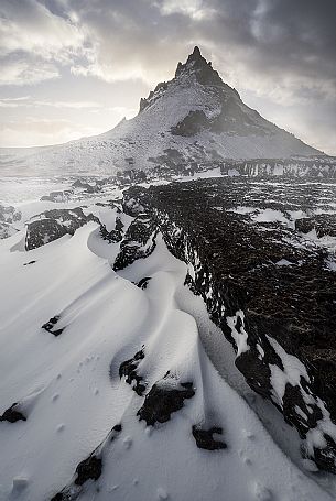 Sunset at snowy Vestragorn, Stokksnes, Hofn, Iceland