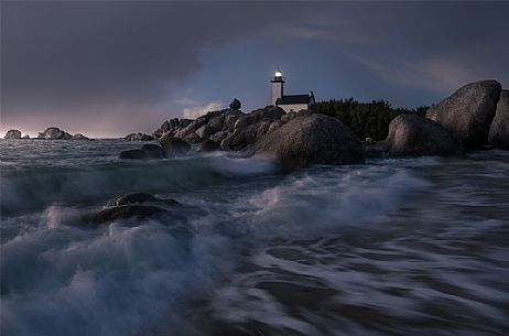 Twilight at Pontusval lighthouse, brittany landscape and seascape, France