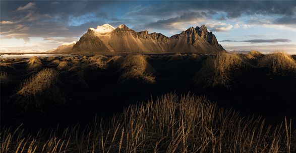 Sunset at Vestragorn mountain from volcanic coast, Stokksnes, Iceland