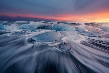 Glacial Ice on the Lava Beach of Jokulsarlon Lake at Vatnajkull Glacier, Iceland