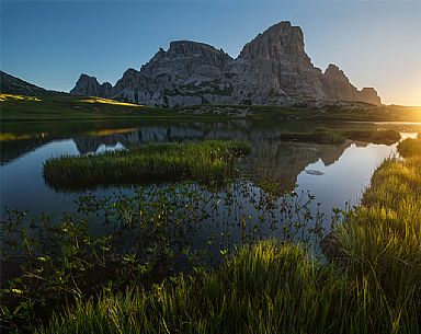 Sunrise at Laghi Piani lake, Tre Cime natural park, dolomites, Italy