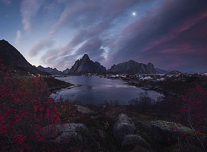 Night view of Reine a small fishing village, Lofoten islands, Norway Night view of Reine a small fishing village, Lofoten islands, Norway