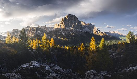 Dolomitic landscape towards the Falzarego pass and the Tofane mountain range, Cortina d'Ampezzo, Italy Dolomitic landscape towards the Falzarego pass and the Tofane mountain range, Cortina d'Ampezzo, Italy