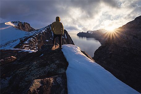 Overview of Okshornan Mountains with Devil's Teeth at sunset, Senja Island, Norway Overview of Okshornan Mountains with Devil's Teeth at sunset, Senja Island, Norway