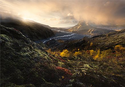 Sunset over Thorsmork landscape, Iceland, Europe