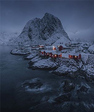 Winter landscape in Hamny village, near the fishing village of Reine, Moskenes Island, Lofoten Islands, Norway, Europe