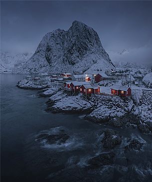 Winter landscape in Hamnøy village, near the fishing village of Reine, Moskenes Island, Lofoten Islands, Norway, Europe Winter landscape in Hamnøy village, near the fishing village of Reine, Moskenes Island, Lofoten Islands, Norway, Europe
