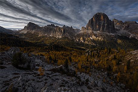 Autumnal sunset near Falzarego pass with Tofana and Lagazuoi peaks, Cortina d'Ampezzo, dolomites, Veneto, Italy, Europe