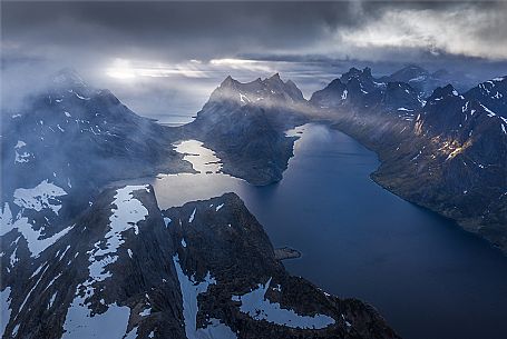 Aerial view of Reine bay, Moskenesoy, Lofoten Islands, Scandinavia, Norway, Europe