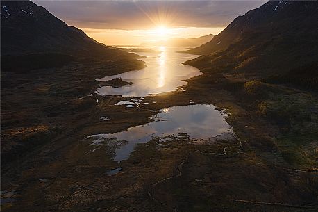 Sunrise in the fjord near Leknes, Vestvagoy, Nordland, Lofoten island, Europe