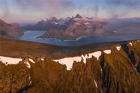 Overview of Vareid bay, Flakstadoya, Lofoten Islands, Scandinavia, Norway, Europe