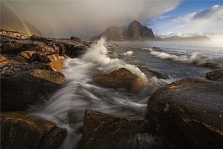 Vareid bay and the rainbow, Flakstadoya, Lofoten Islands, Scandinavia, Norway, Europe Vareid bay and the rainbow, Flakstadoya, Lofoten Islands, Scandinavia, Norway, Europe