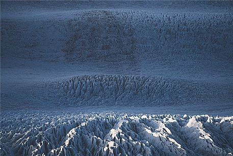 Aerial view of the crevasses in the Vatnajkull National Park, Iceland, Europe