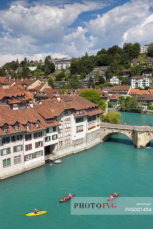 View across river Aare with Untertor bridge and old town, Bern, Switzerland, Europe