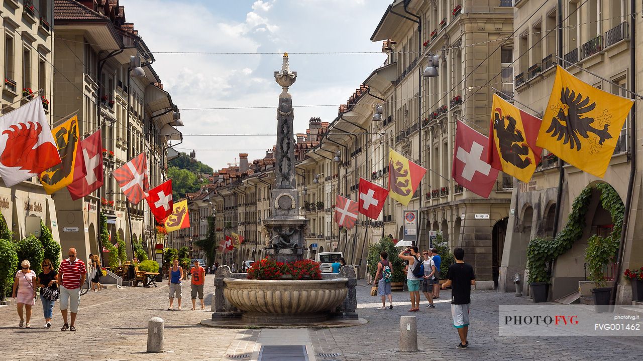 Fountain in the Kramgasse street the famous street in the old city of Bern, Unesco World Heritage, Switzerland, Europe