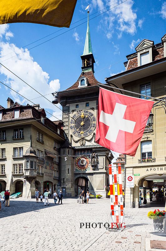The Clock tower or Zytglogge clock in the Kramgasse street, downtown of Bern, Unesco World Heritage, Switzerland, Europe