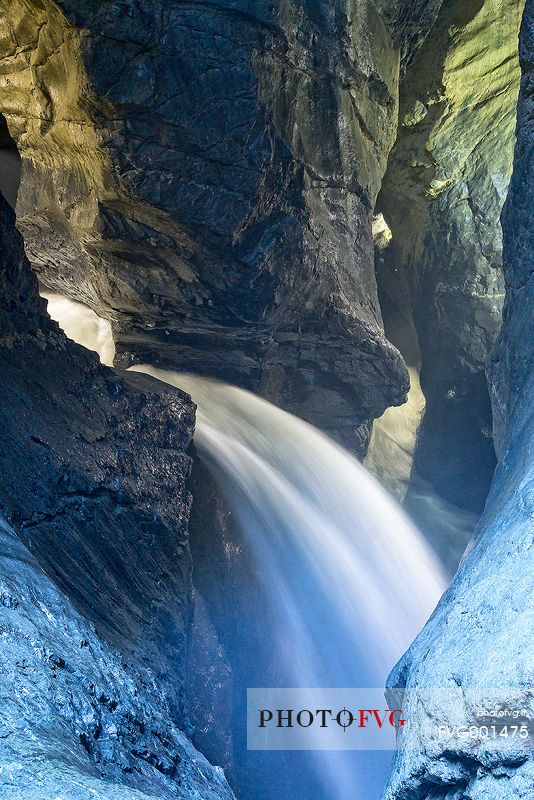 Trummelbach underground waterfalls formed by melting waters of Jungfrau glacier, Lauterbrunnen valley, Switzerland, Europe