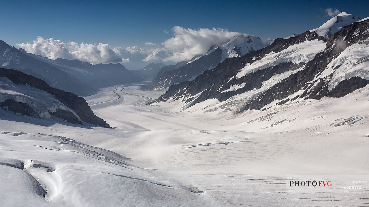 Aletsch glacier, the largest in Europe, from Jungfraujoch, the highest railway station in the Alps, Bernese Oberland, Switzerland, Europe