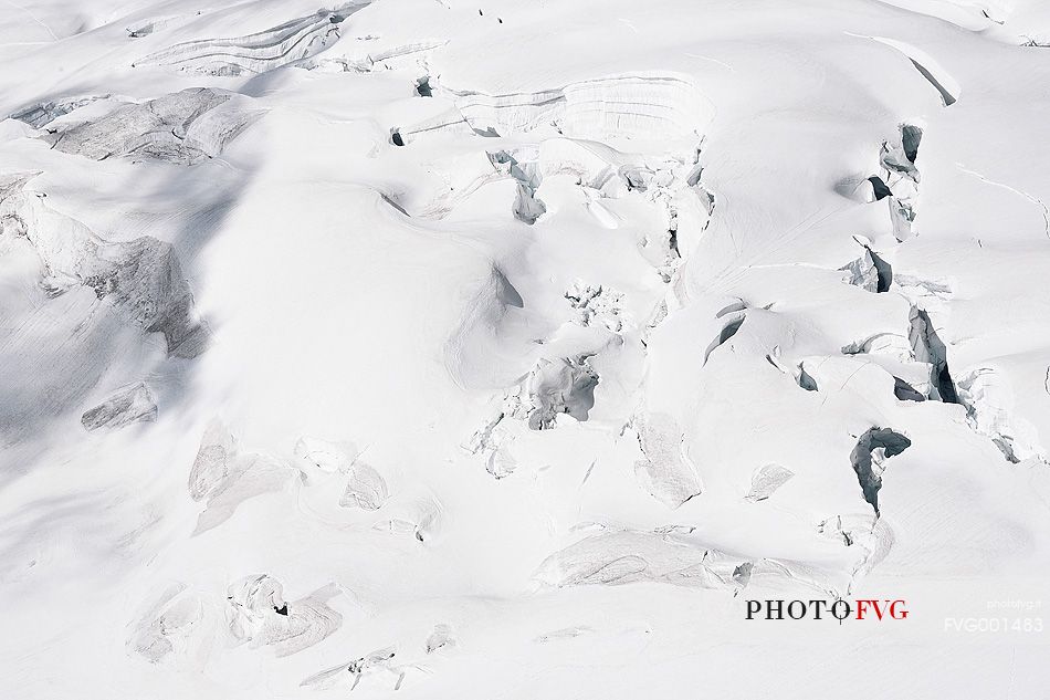 Detail from above of Aletsch glacier, the largest in Europe, from Jungfraujoch, the highest railway station in the Alps, Bernese Oberland, Switzerland, Europe