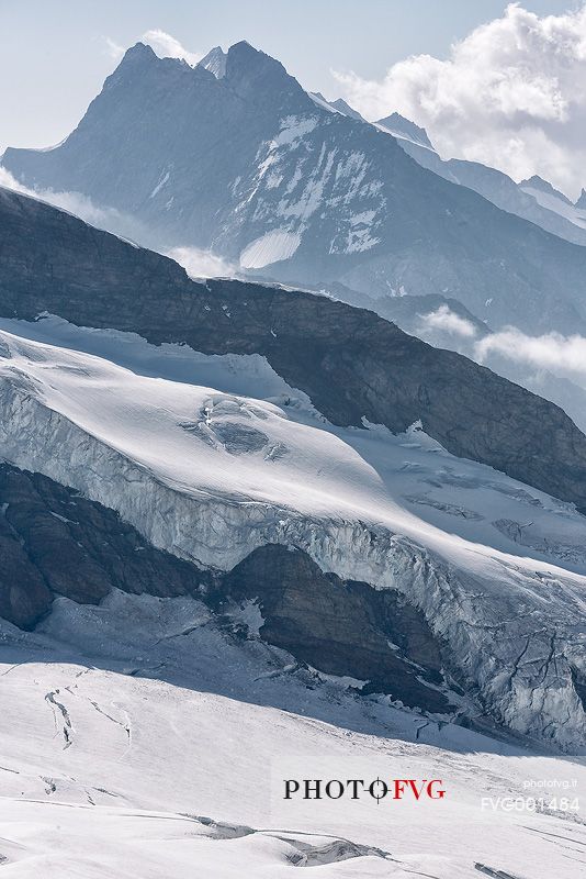 The peaks around the Aletsch glacier, the largest in Europe, from Jungfraujoch, the highest railway station in the Alps, Bernese Oberland, Switzerland, Europe