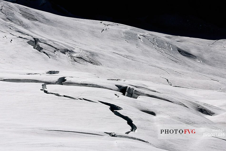 Detail from above of Aletsch glacier, the largest in Europe, from Jungfraujoch, the highest railway station in the Alps, Bernese Oberland, Switzerland, Europe