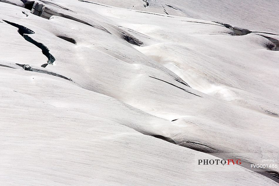 Detail from above of Aletsch glacier, the largest in Europe, from Jungfraujoch, the highest railway station in the Alps, Bernese Oberland, Switzerland, Europe