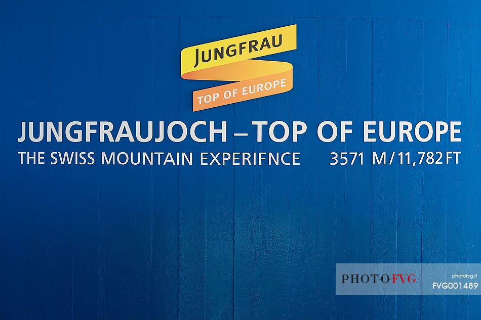 Signboard at the top of Jungfraujoch, the highest railway station in the alps, Bernese alps, Switzerland, Europe