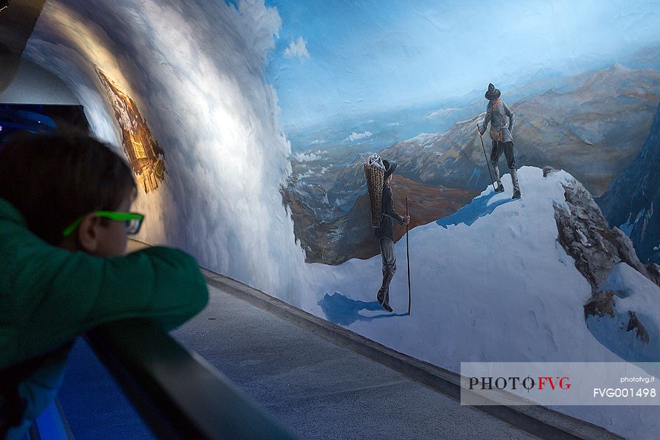 Chilld inside at the Jungfraujoch station, the highest railway station in the Alps, Aletsch glacier, Bernese alps, Switzerland